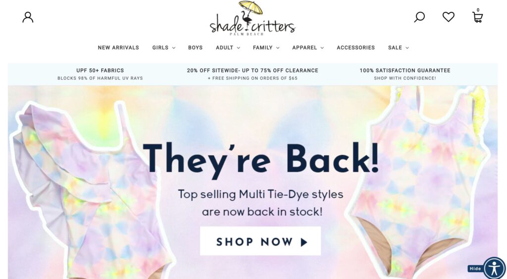 Shade Critters Kids Clothes website design