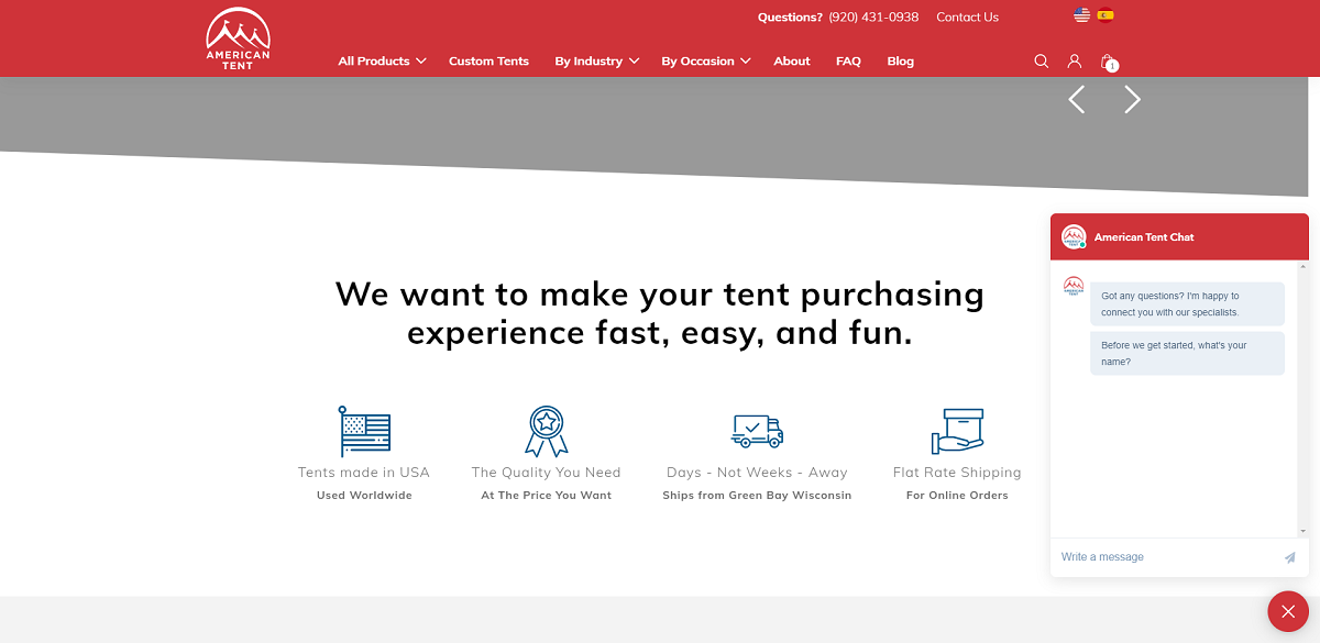 American Tent website development chatbot