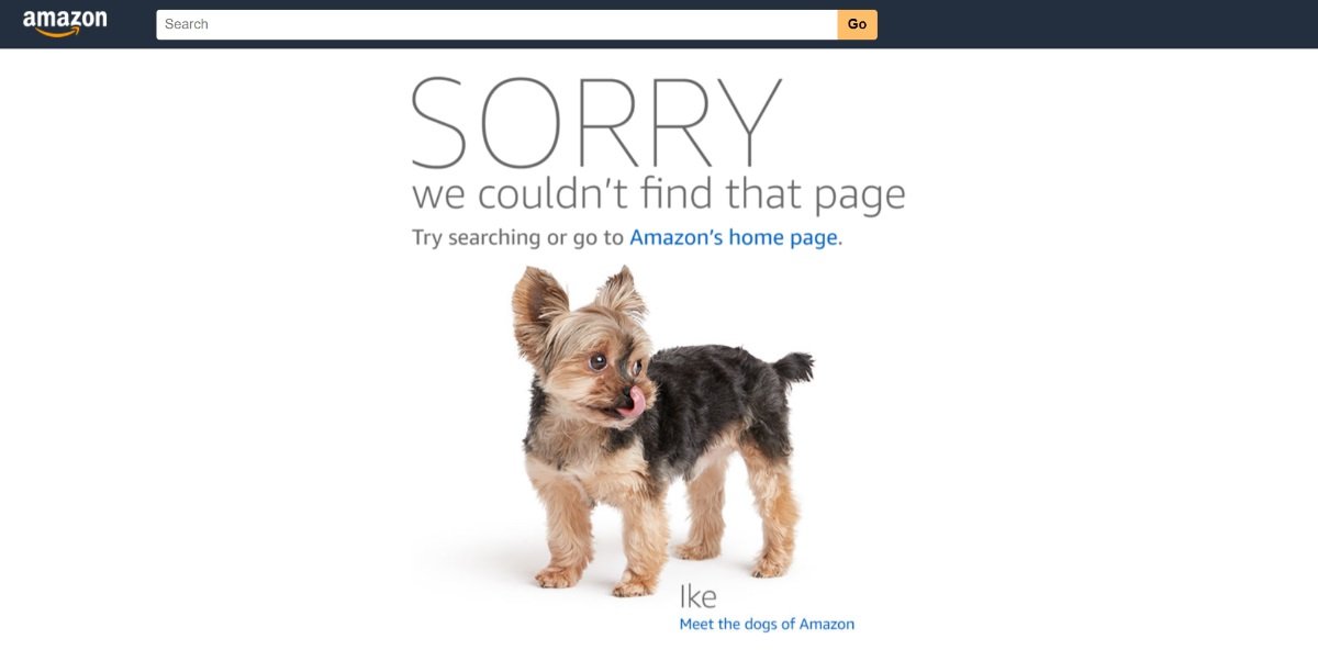 amazon 404 page with an amazon dog
