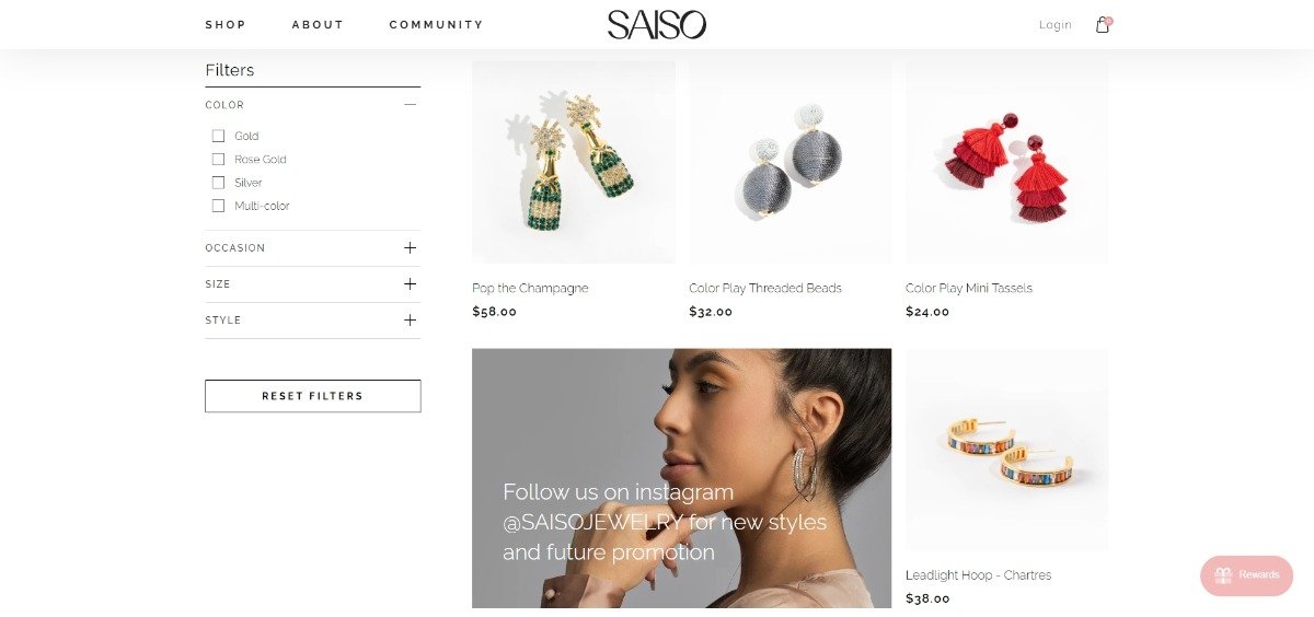 saiso jewelry ecommerce store page