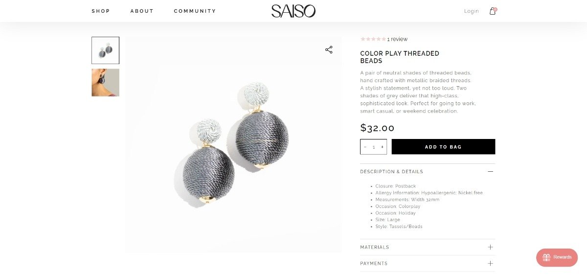 earring product description